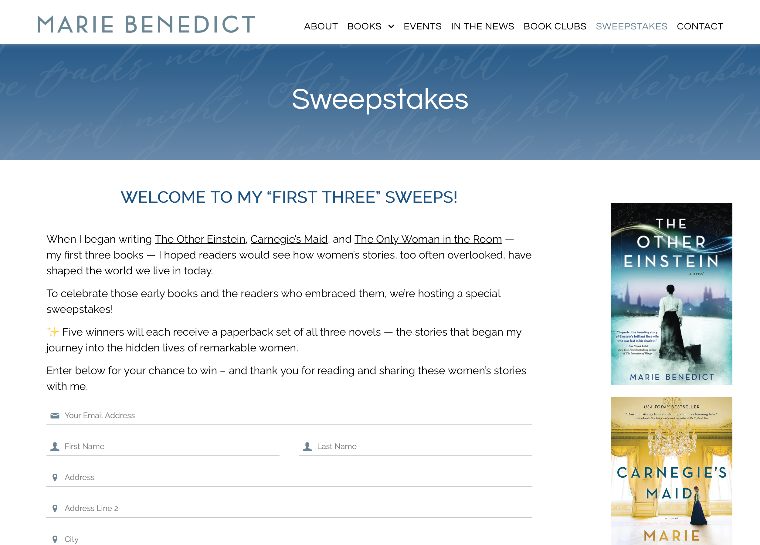 Marie Benedict Sweepstakes Page